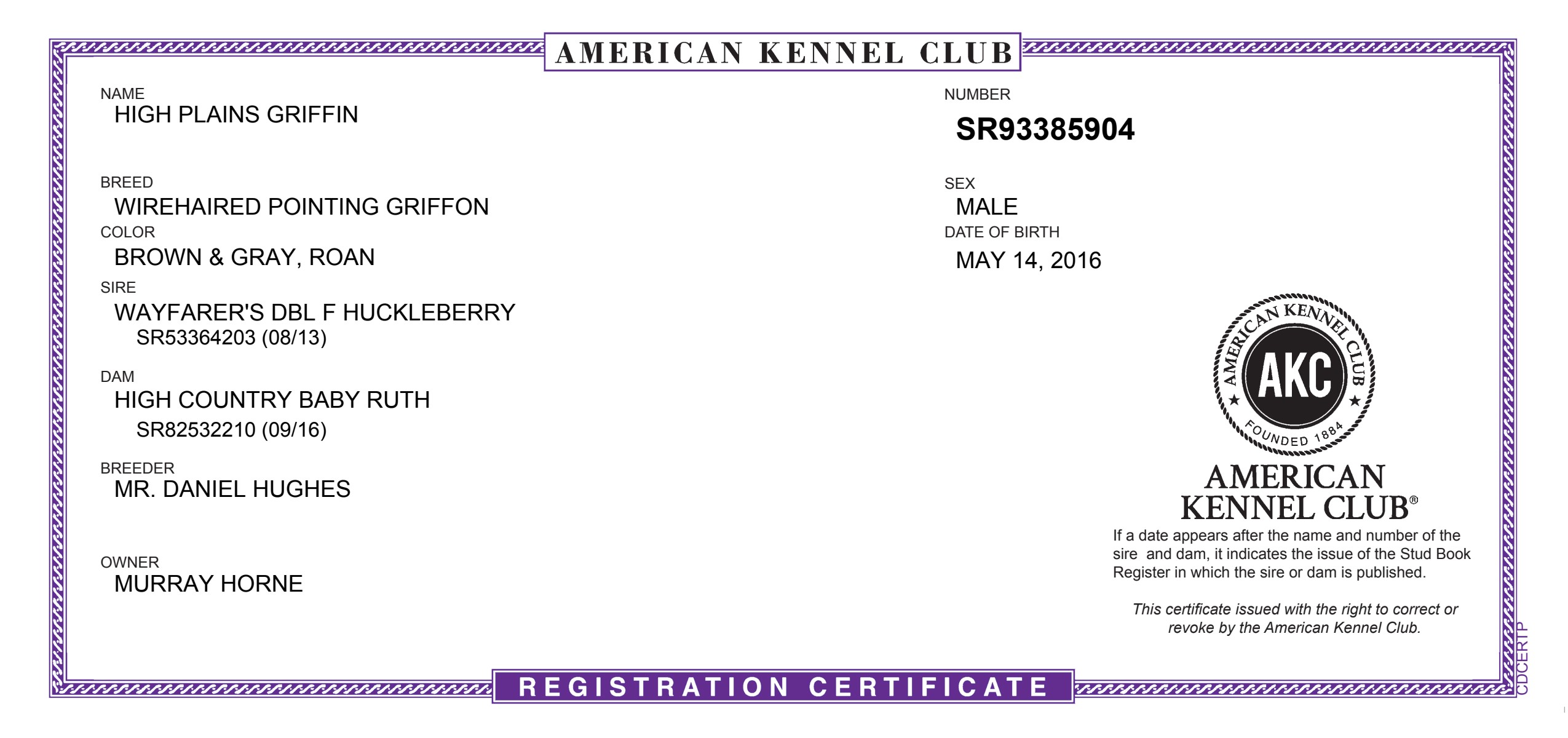 AKC Registration Certificate for High Plains Griffin — SR93385904