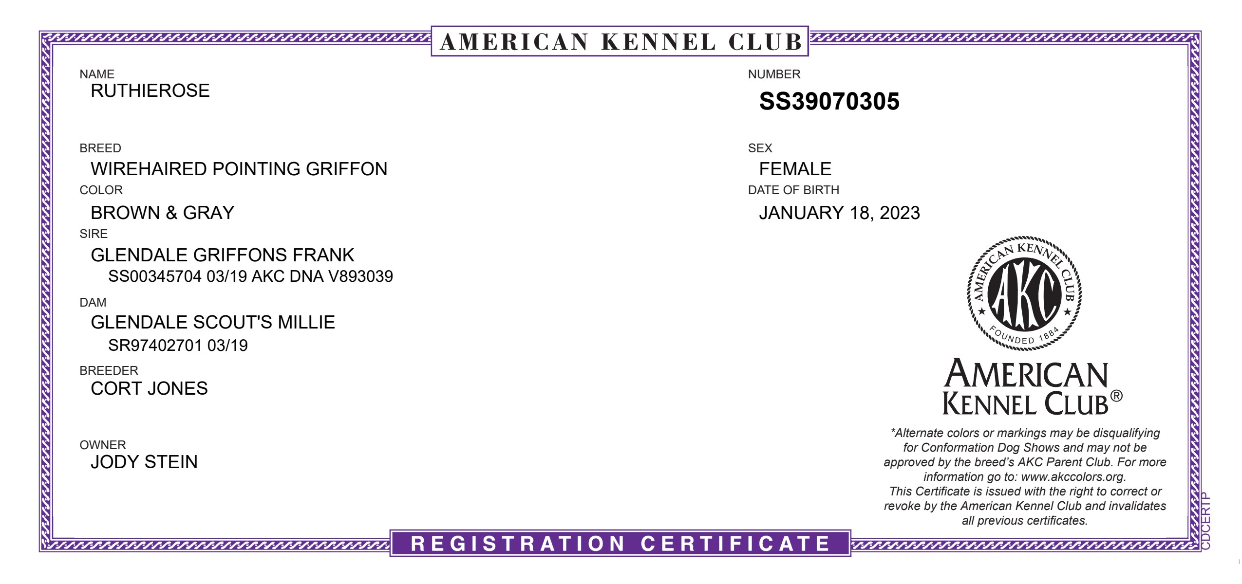 AKC Registration Certificate for RuthieRose — SS39070305